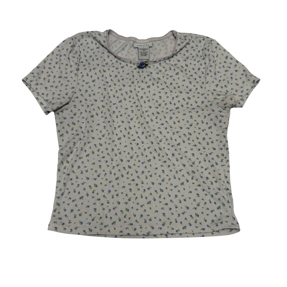 Ditsy Floral Coquette Feminine Baby Tee Womens S Delicate Y2K Ribbed Rosette